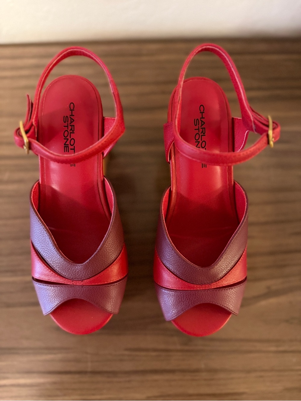 Charlotte Stone Two-Tone Red & Burgundy Platform Wedge Sandals - Picture 8 of 12